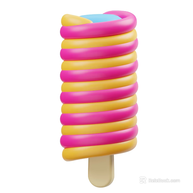 Vibrant Pink and Yellow Spiral Ice Cream with Layered Swirls on a Wooden Stick 3d model 