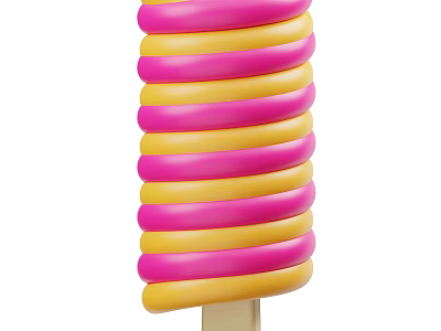 Vibrant Pink and Yellow Spiral Ice Cream with Layered Swirls on a Wooden Stick 3d model