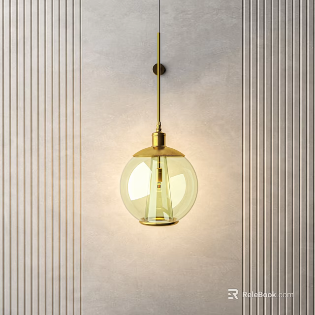 Gold Metal Round Glass Pendant Light Against Vertical Striped Light Wall 3d model 