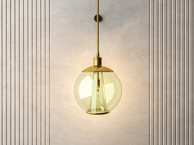 Gold Metal Round Glass Pendant Light Against Vertical Striped Light Wall 3d model