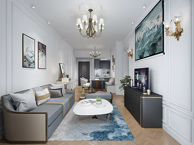 Elegant Living And Dining Room Interior With Open Kitchen Sofa Coffee Table Chandelier And Paintings 3d model