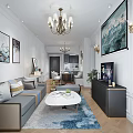Elegant Living And Dining Room Interior With Open Kitchen Sofa Coffee Table Chandelier And Paintings