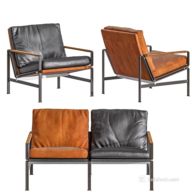 Modern Black And Brown Leather Lounge Chairs With Sleek Metal Frame Design 3d model 