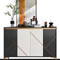 Modern Entryway Side Cabinet With Black White Gold Accents And Decorative Ornaments