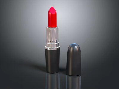 Red Lipstick Cosmetics With Black Case And Silver Accent On Reflective Surface 3d model