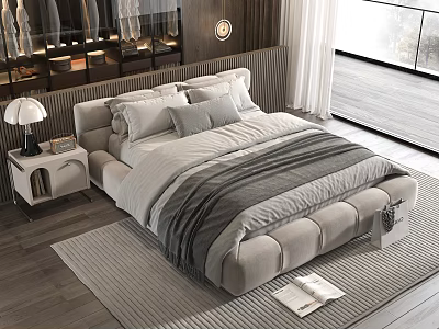 Modern Double Bed Interior With Upholstered Headboard Pillows Nightstand Table Lamp And Soft Rug 3d model