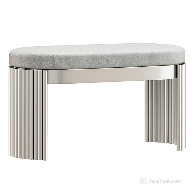 Gray Padded Sofa Bench With Curved Seat And Silver Vertical Striped Metal Legs 3d model 