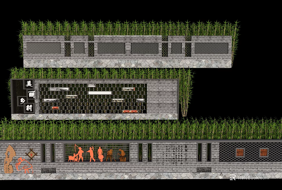 Scenic Wall Design with Layered Brick Structure Greenery Accents and Decorative Patterns 3d model