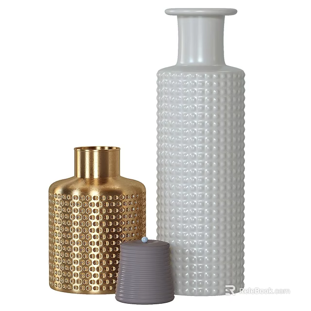 Stylish Decorative Ceramic Vessels with Gold Geometric Patterns White Dot Texture and Gray Accent 3d model