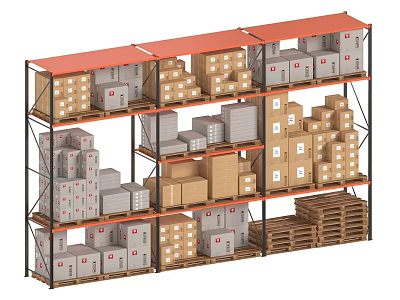 Industrial Warehouse Shelving With Multiple Layers Storage Boxes Cardboard Cartons And Wooden Pallets 3d model