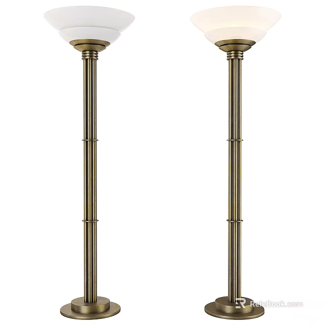 Two Elegant Brass Floor Lamps With Tall Slim Poles For Home Interior Lighting 3d model 