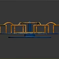 Circular Architectural Structure With Blue Base Yellow Center And Orange Railings