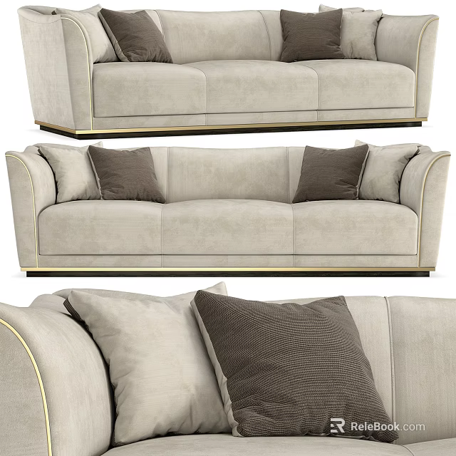 Light Gray Three Seater Sofa with Golden Trim and Dark Brown Cushions 3d model 