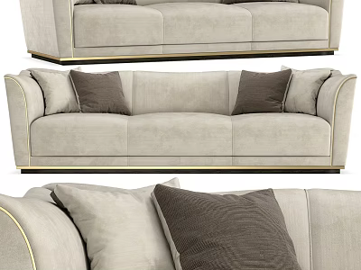Light Gray Three Seater Sofa with Golden Trim and Dark Brown Cushions 3d model