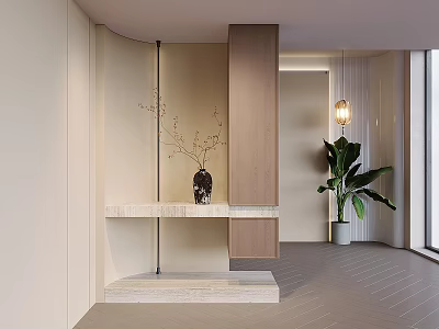 Modern Minimalist Entryway Hallway Design With Wooden Cabinet Marble Countertop And Green Plant 3d model
