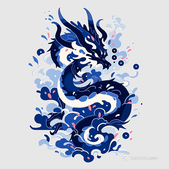 Artistic Blue Dragon Wall Decor With Cloud Patterns And Wave Elements 3d model 