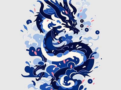 Artistic Blue Dragon Wall Decor With Cloud Patterns And Wave Elements 3d model