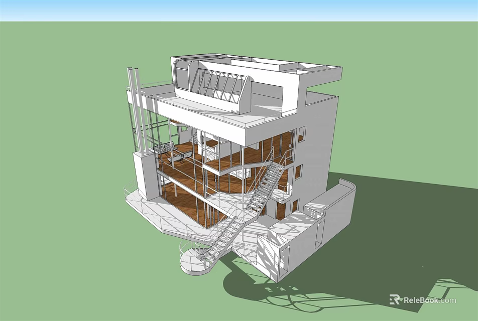 Modern Detached Villa With Multi Level Structure Exterior Staircase And Open Balcony Design 3d model 