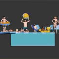 Cartoon Scene With Swimming Pool People Swimming And Relaxing Inflatable Toys And Blue Chairs