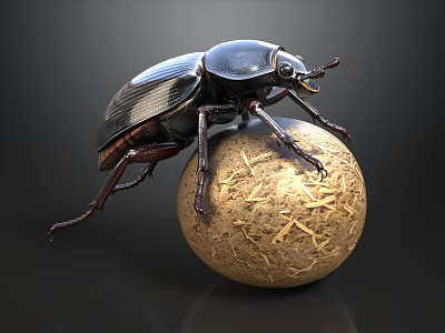 Detailed Black Beetle Crawling On Textured Sphere Against Dark Background 3d model