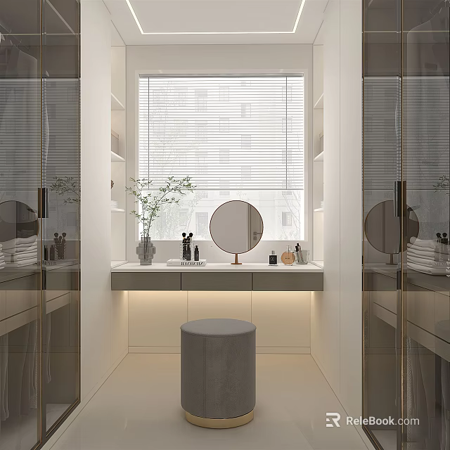 Modern Walk-in Closet Interior With Dressing Table Mirror And Storage Cabinets 3d model 