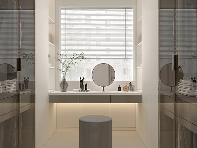 Modern Walk-in Closet Interior With Dressing Table Mirror And Storage Cabinets 3d model