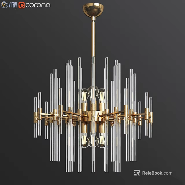 Modern Golden Chandelier Design With Transparent Glass Tubes And Bulbs 3d model 