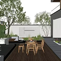 Modern Courtyard Garden With Outdoor Dining Set Water Feature Green Plants And Lighting