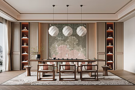 New Chinese Style Tea Room Tea Table and Chair Ornaments Single Chair Carpet Chandelier Potted Plant 3d model