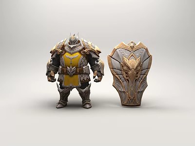 Mythical Game Movie Character in Gold Gray Armor with Ornate Dragon Shield Design 3d model