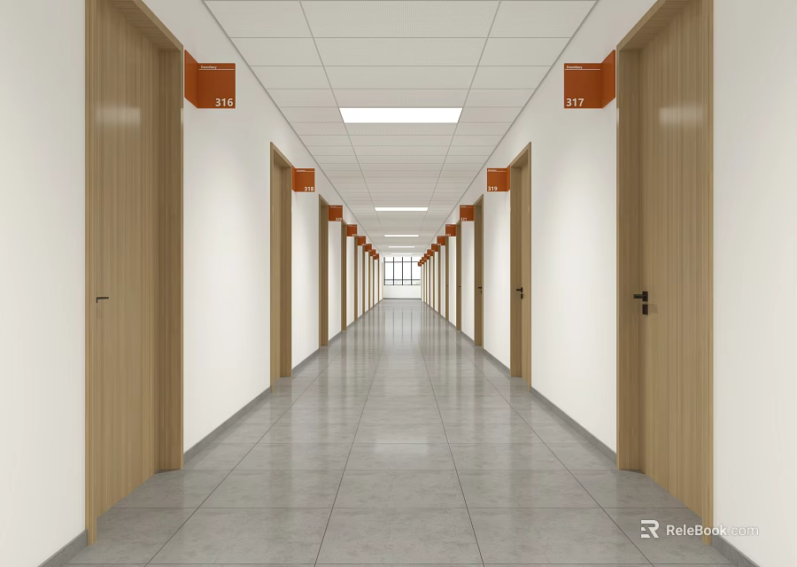 Modern Elevator Corridor With Wooden Doors Room Numbers And Ceiling Lights 3d model