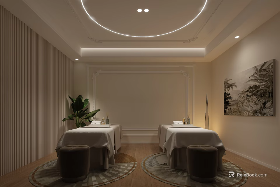 Tranquil SPA Room Interior with Massage Beds Potted Plant and Circular Ceiling Light 3d model 