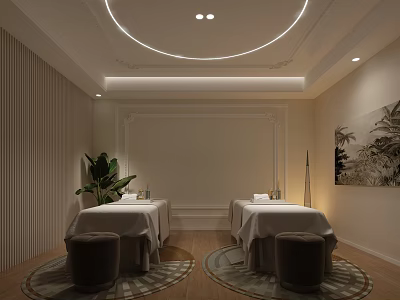 Tranquil SPA Room Interior with Massage Beds Potted Plant and Circular Ceiling Light 3d model