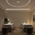 Tranquil SPA Room Interior with Massage Beds Potted Plant and Circular Ceiling Light