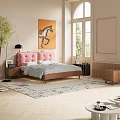 Cozy Bedroom Interior With Pink Tufted Headboard Gray Comforter Horse Painting Green Plant And Window