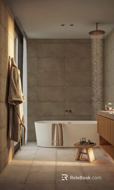 Modern Bathroom Interior with Gray Tiled Walls White Bathtub Hanging Robe Wooden Vanity Mosaic Shower 3d model 