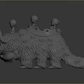 Three Tiny Human Figures Sitting On Shaggy Horned Creature Back Sculpture