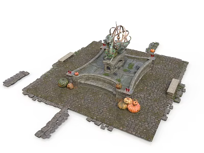 Decorative Stone-paved Square Scene With Central Fountain Sculpture Pumpkins Lanterns Stone Paths And Benches 3d model