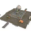 Decorative Stone-paved Square Scene With Central Fountain Sculpture Pumpkins Lanterns Stone Paths And Benches