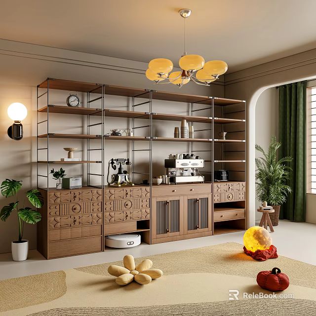 Cozy Modern Living Room Decorative Wooden Cabinet With Open Shelving Plants Clock And Chandelier 3d model 