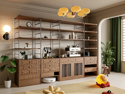 Cozy Modern Living Room Decorative Wooden Cabinet With Open Shelving Plants Clock And Chandelier 3d model