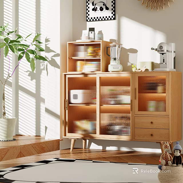 Bright Wooden Sideboard with Glass Doors Drawers and Kitchen Storage in Natural Light 3d model 