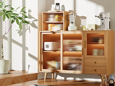 Bright Wooden Sideboard with Glass Doors Drawers and Kitchen Storage in Natural Light 3d model