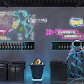 Modern Bar Interior With Bar Counter Bottle Shelves Circular Moon Lamp And Neon Lights