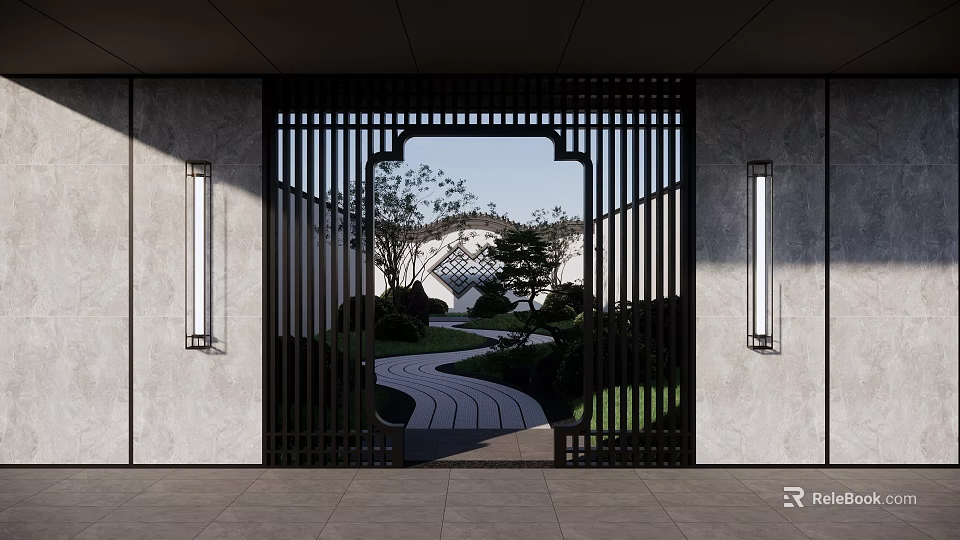 Traditional Courtyard Garden With Black Lattice Gate Stone Pathway Wall Lamps And Lush Greenery 3d model 