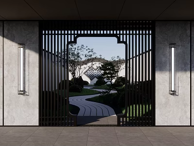 Traditional Courtyard Garden With Black Lattice Gate Stone Pathway Wall Lamps And Lush Greenery 3d model