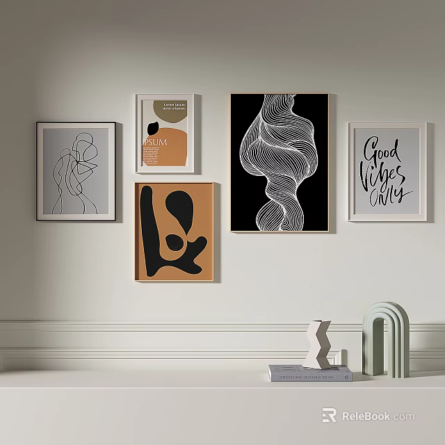 Modern Gallery Wall Art With Abstract Prints And Decorative Ornaments 3d model