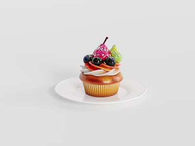 Delicious Cupcake With Fresh Fruit Topping And Cream Frosting On White Plate 3d model