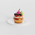 Delicious Cupcake With Fresh Fruit Topping And Cream Frosting On White Plate