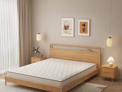 Wooden Double Bed in Cozy Bedroom With Mattress Nightstands Table Lamps and Framed Artworks 3d model